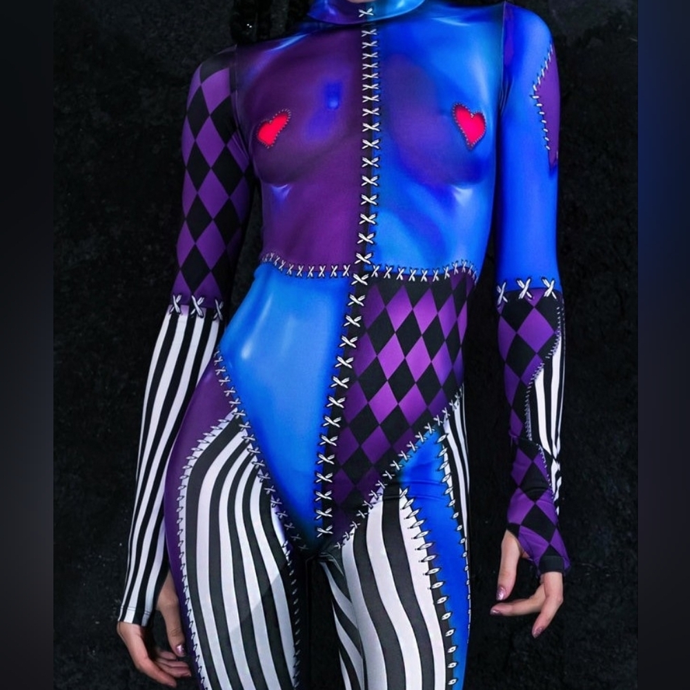 Devil Walking Patchwork Full Bodysuit- Small/Stretch NEW Never Worn